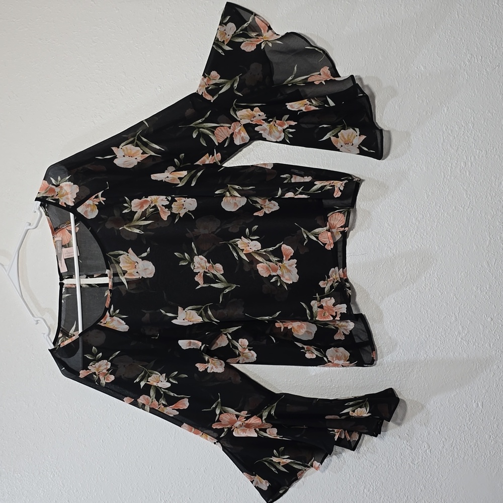 3/$15 Forever 21 - Women's Whimsigoth Black Sheer Bell Sleeve Floral Print Sz XL
